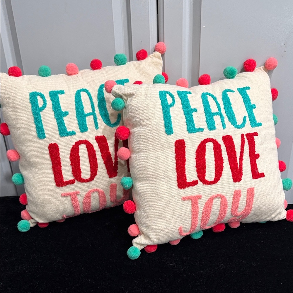 Bed, Bath & Beyond Festive Peace Love Joy Holiday Pillow Set (2) Sz 14” x 14”